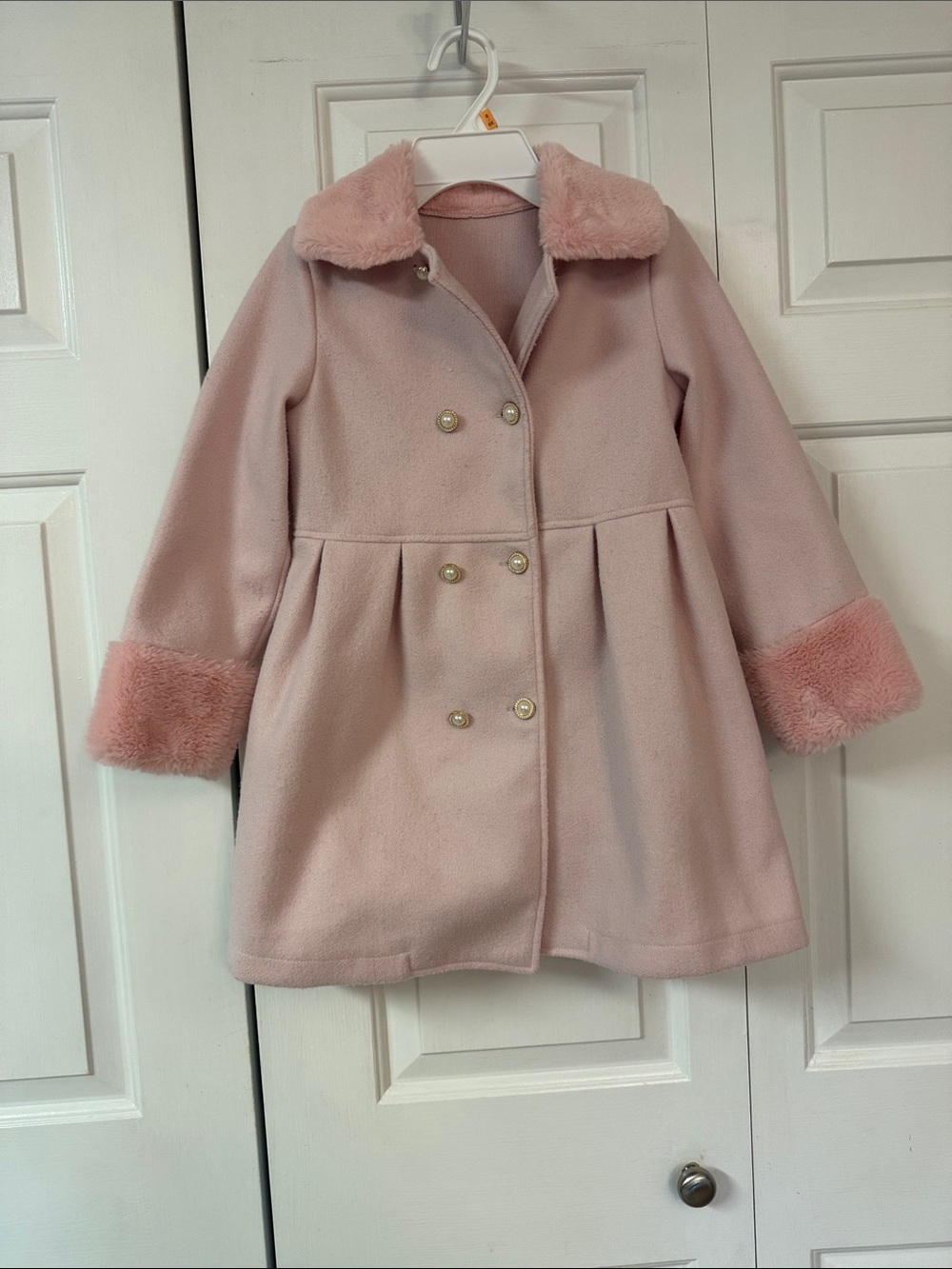 Girls' Double-Breasted Pink Faux-Fur Trim Coat